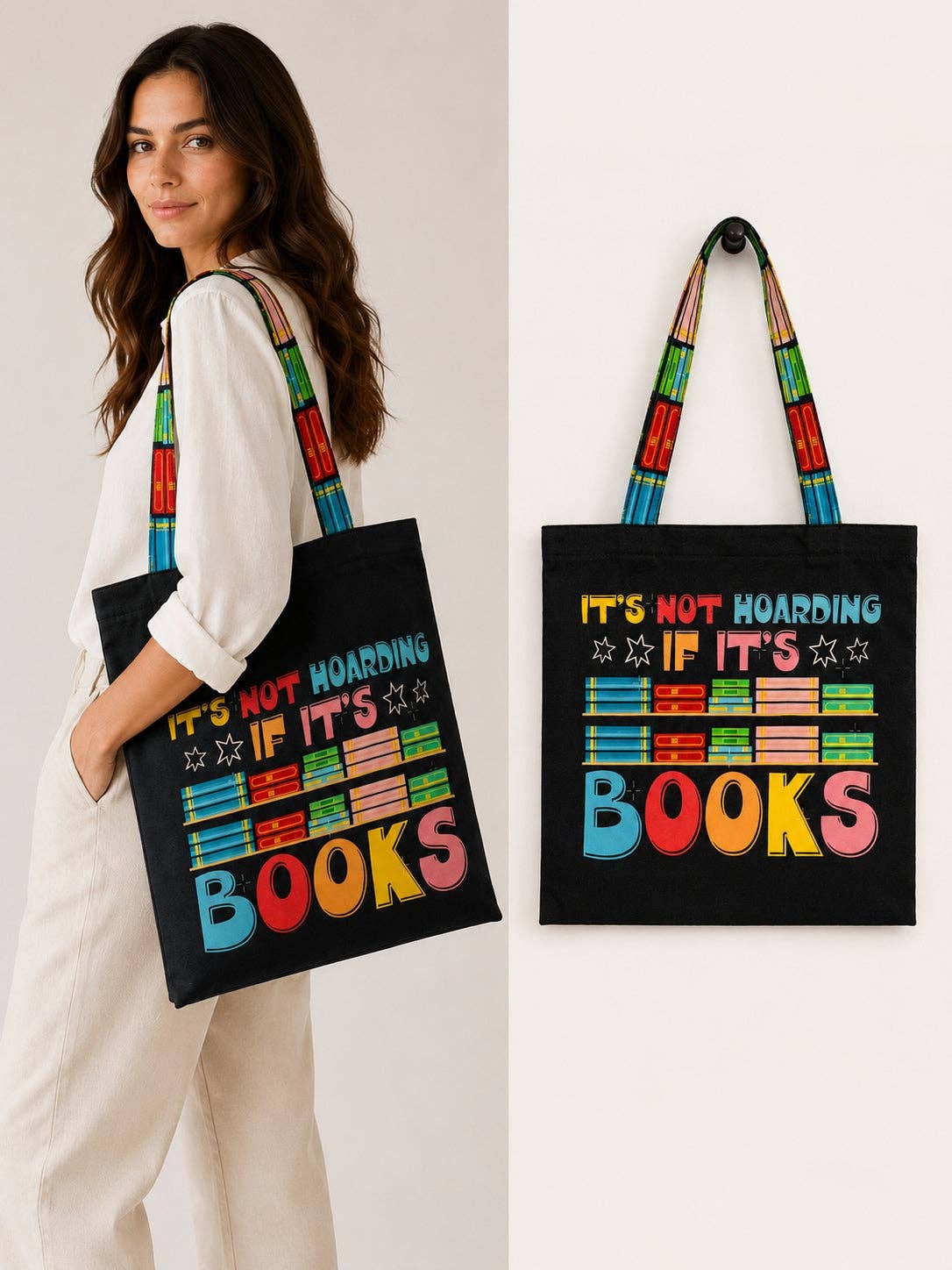 Black-Multi IT'S NOT HOARDING IF IT'S BOOKS Tote Bag, photo 2 of 2