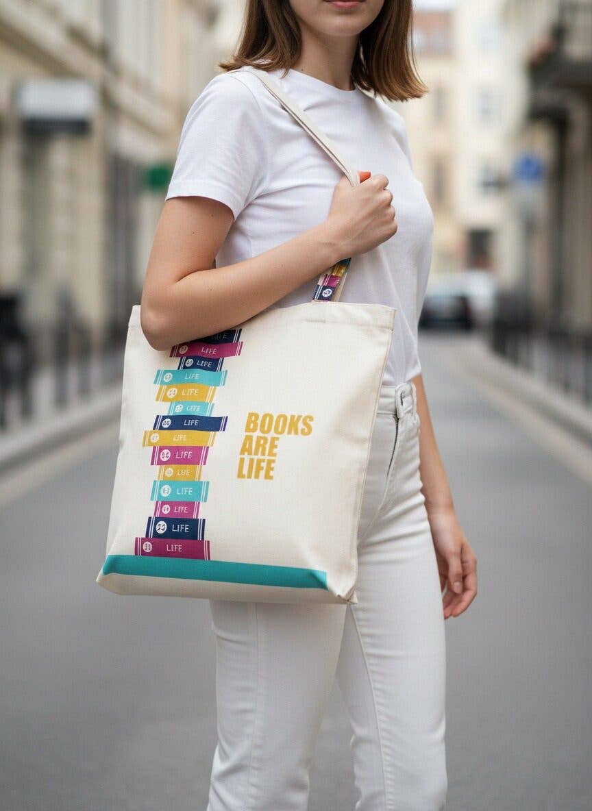 Books Are Life Beige-Multi Book Tote Bag, photo 2 of 2