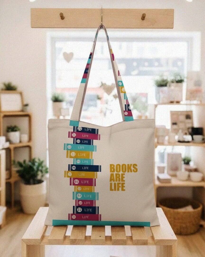 Books Are Life Beige-Multi Book Tote Bag, photo 1 of 2
